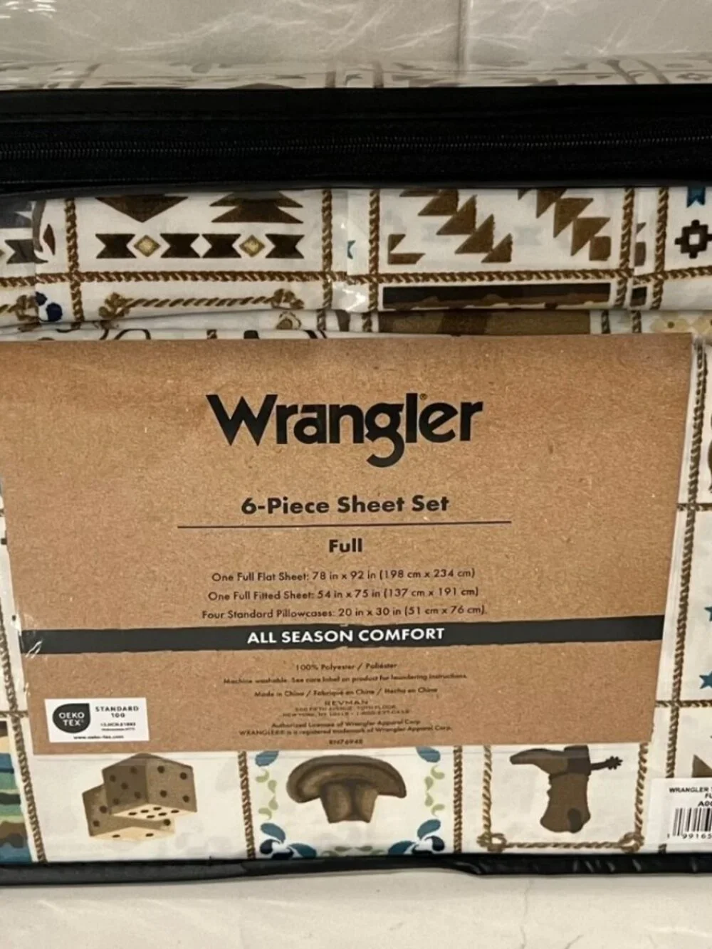 WRANGLER FULL Sheet Set 6pc New White Brown Tiles Western Cowboy Boots Hat Horse